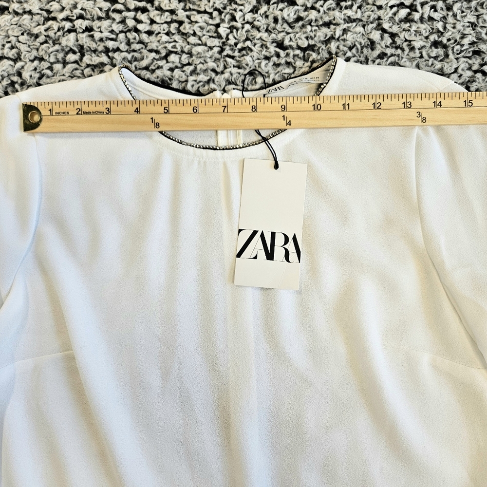 Zara White Top M Medium Flare Sleeve Rhinestones Minimalist Dressy Glam Tunic - Picture 11 of 16